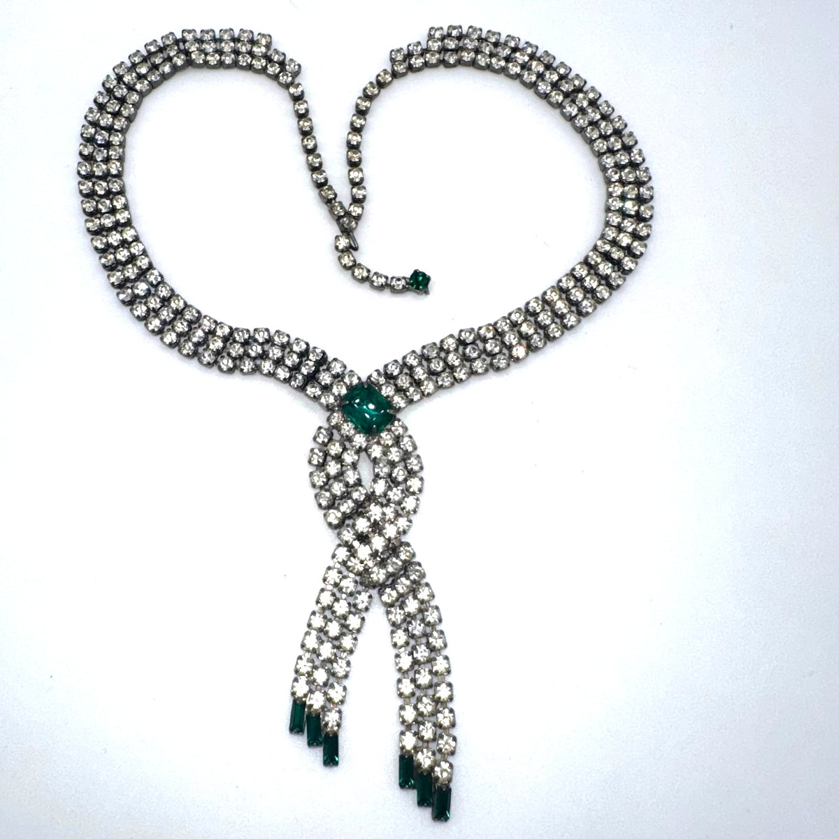 1950s vintage silver tone clear emerald green rhinestones fringe tassel necklace