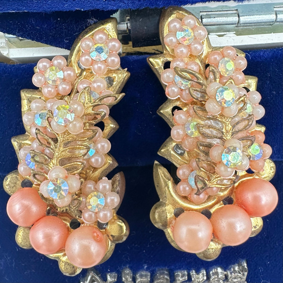 Vintage gold tone AB rhinestones faux pink coral pearl clusters clip on earrings
