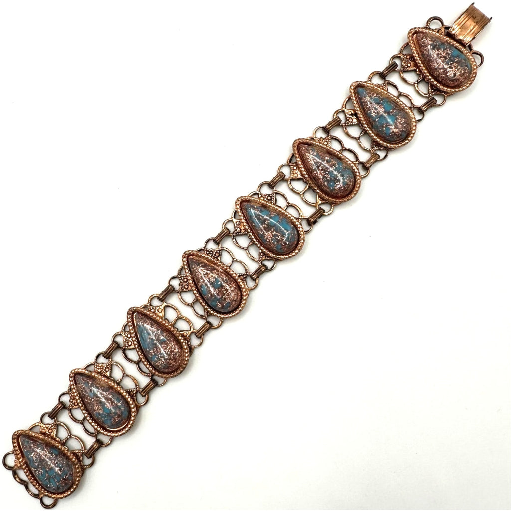 Vintage retro copper tone blue glitter confetti lucite cabochons bracelet