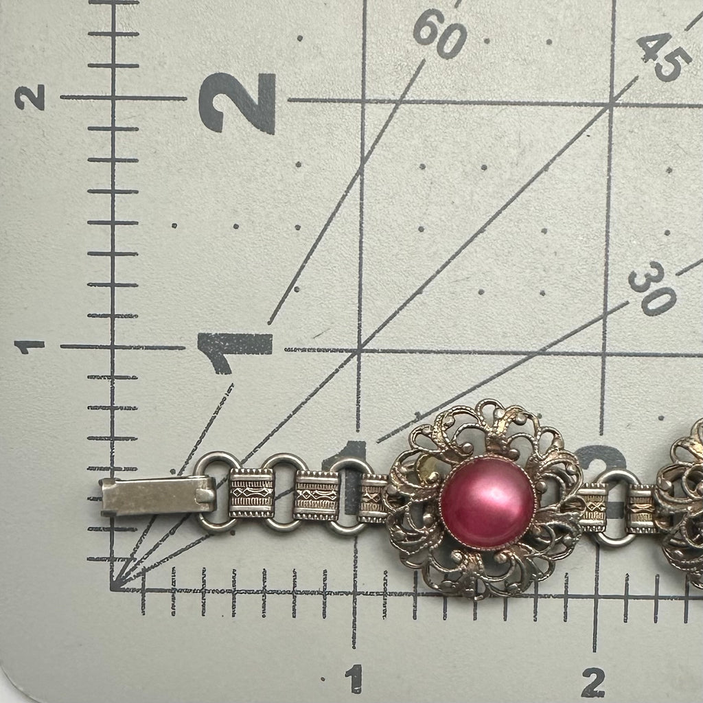 Vintage retro 1940s gold tone book chain red moonglow lucite cabochons bracelet