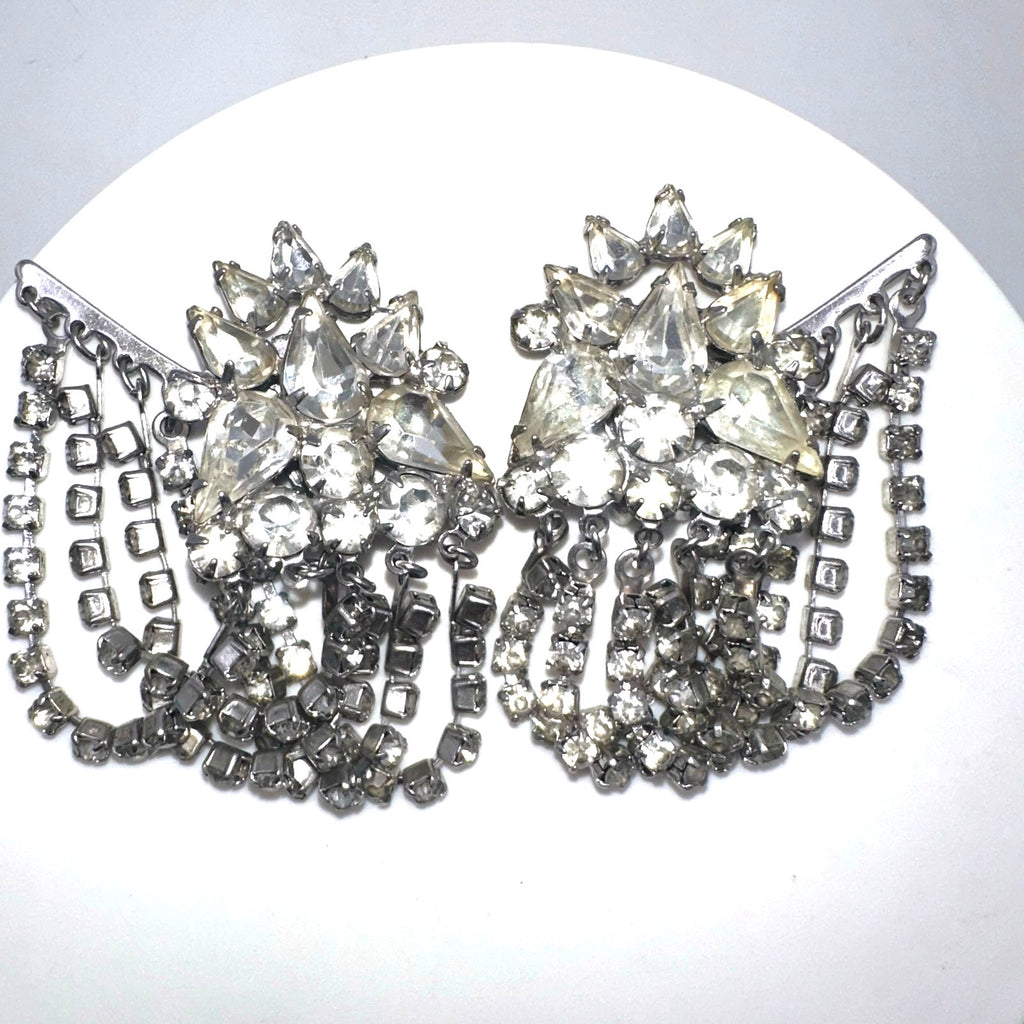 Vintage silver tone clear rhinestones swag chains fringe clip on earrings
