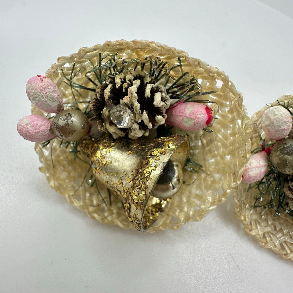 Japan vintage woven baskets pinecone bells berry beaded clip on earrings