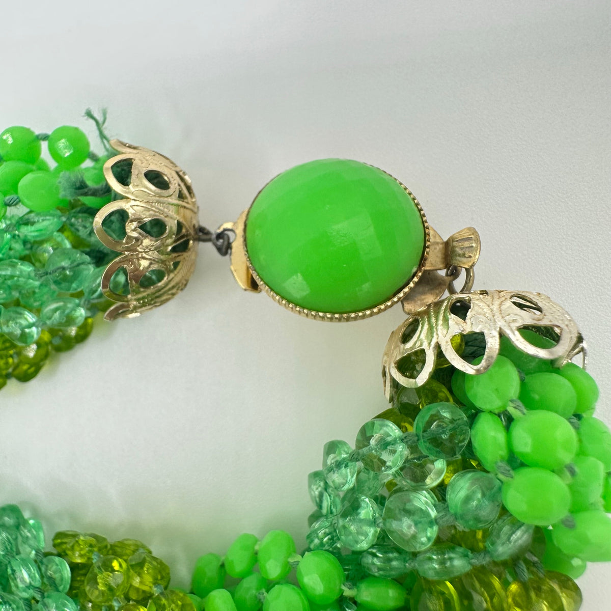 Hong Kong vintage 40" multi strand braided green lucite beads beaded necklace