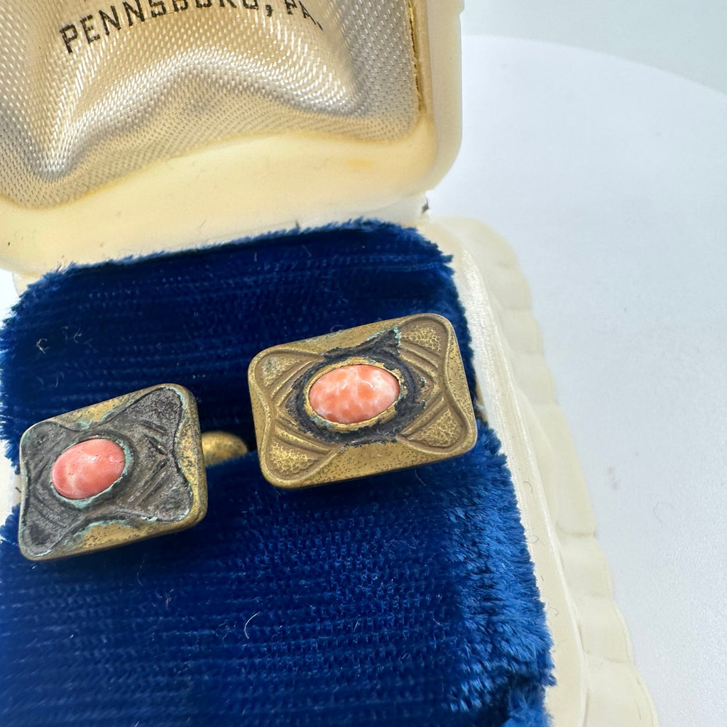 Antique Victorian Arts & Crafts gold tone peach art glass bean back cufflinks
