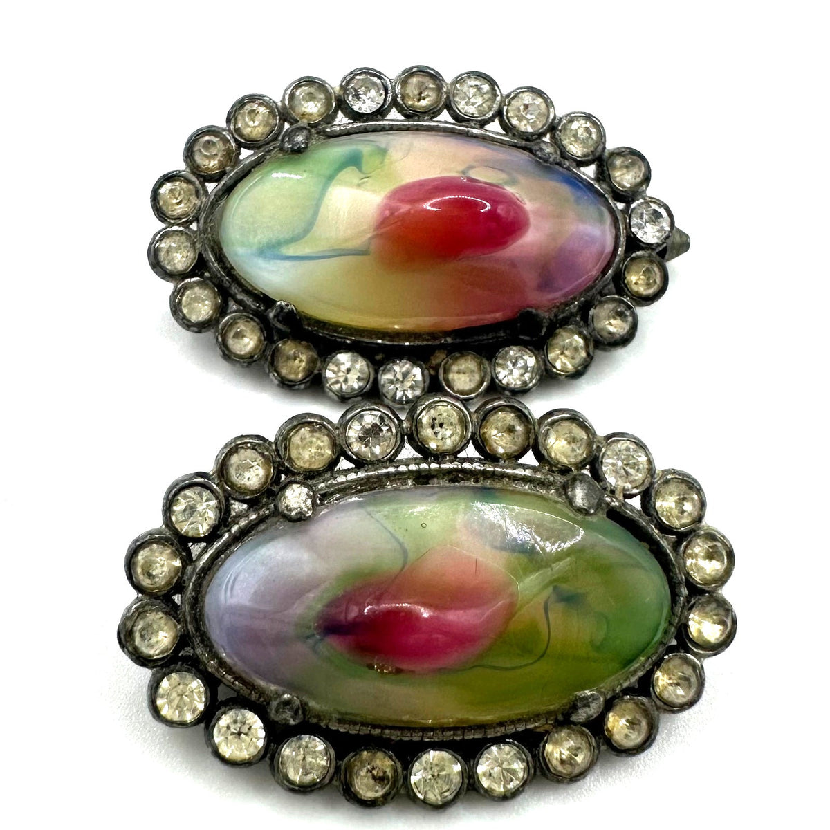 Antique 1920s Art Deco silver tone multicolor art glass rhinestones cufflinks