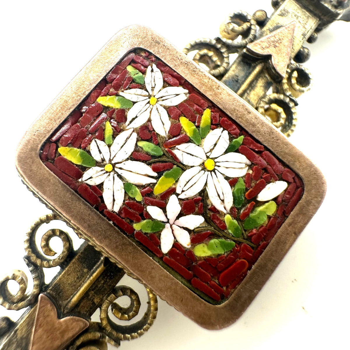 Antique Victorian 1880s micro mosaic gold filled Etruscan Revival bar pin brooch