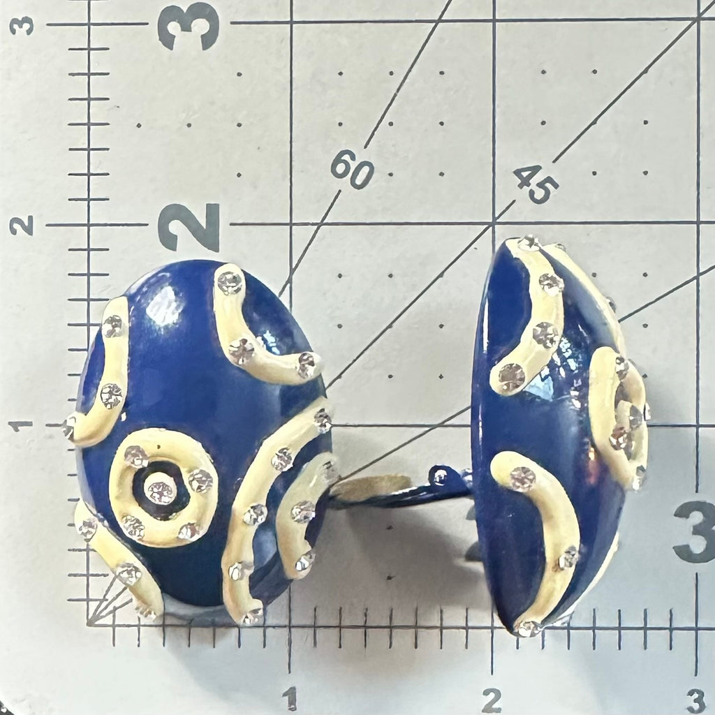 1980s vintage navy blue enamel cream rhinestones statement clip on earrings