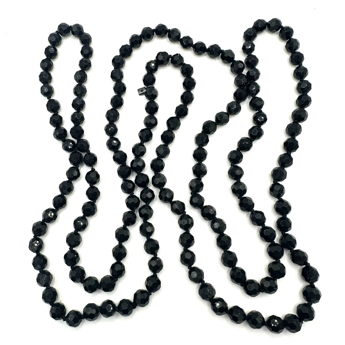 Extra long 72” black faceted glass 10mm beads beaded hand knotted necklace