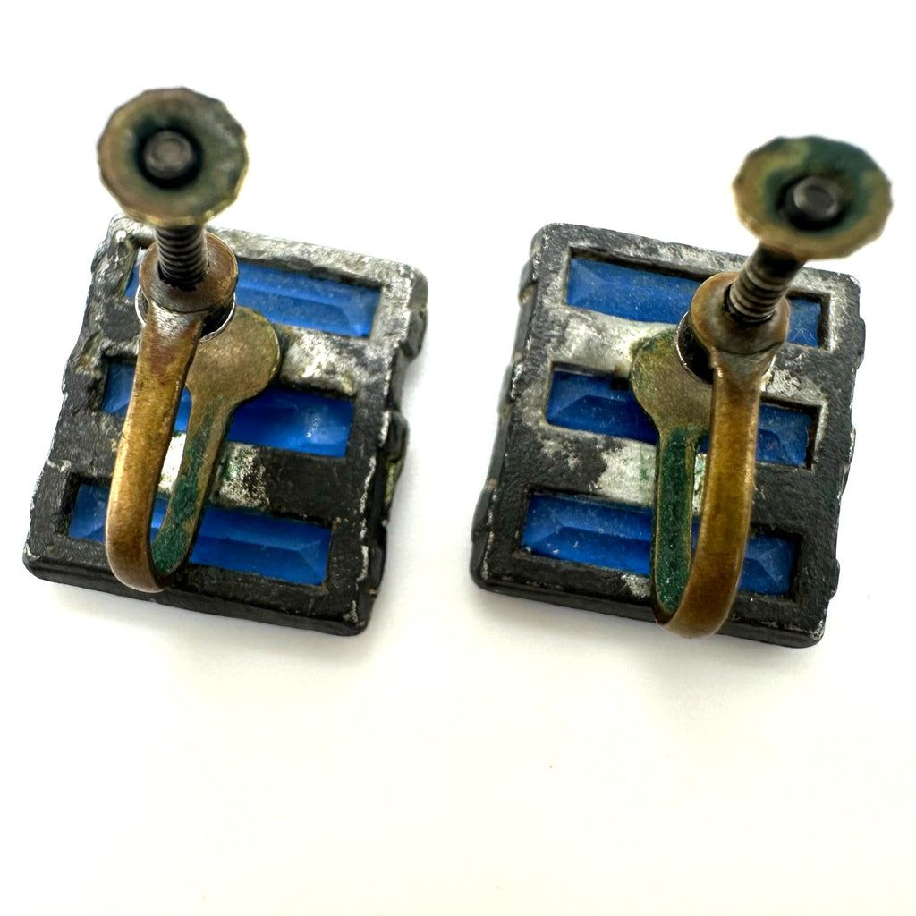 Antique Art Deco blue Vauxhall Czech glass rhinestones brass screw back earrings