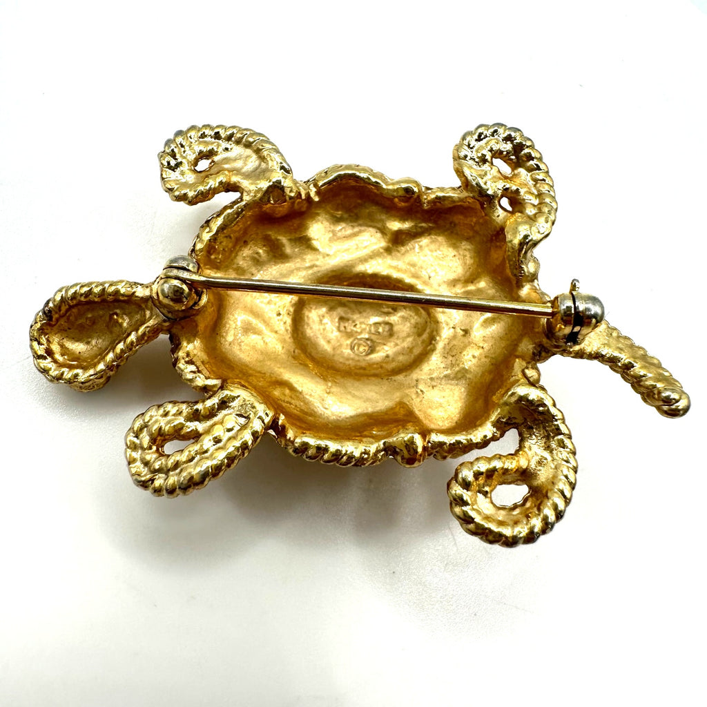 Napier vintage gold tone twisted rope green rhinestones turtle figural brooch
