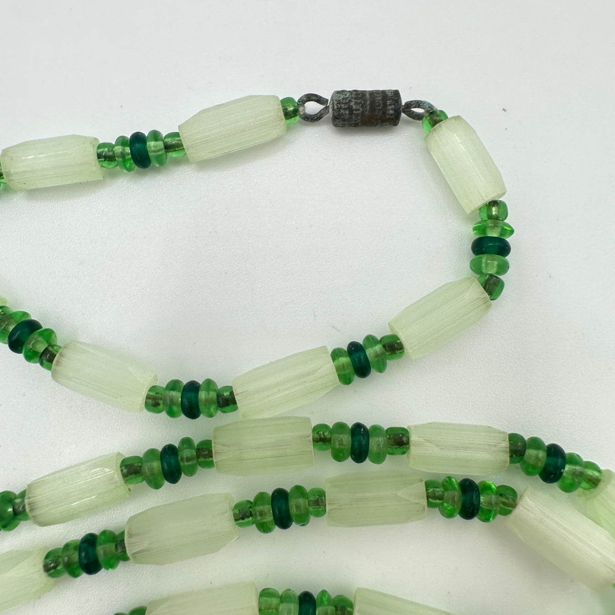 Antique vintage mint emerald green Czech satin art glass beaded 50" necklace