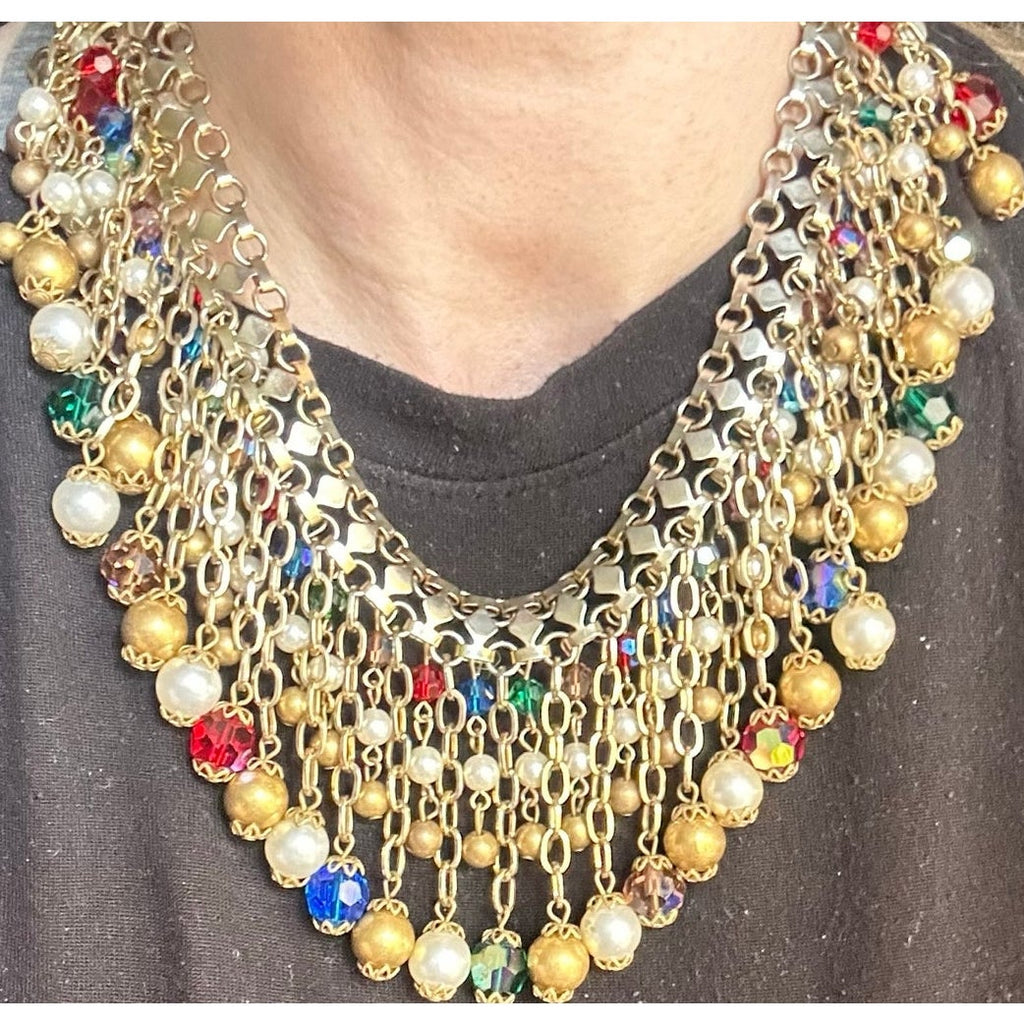 Alice Caviness vintage gold tone AB glass faux pearls beaded fringe necklace