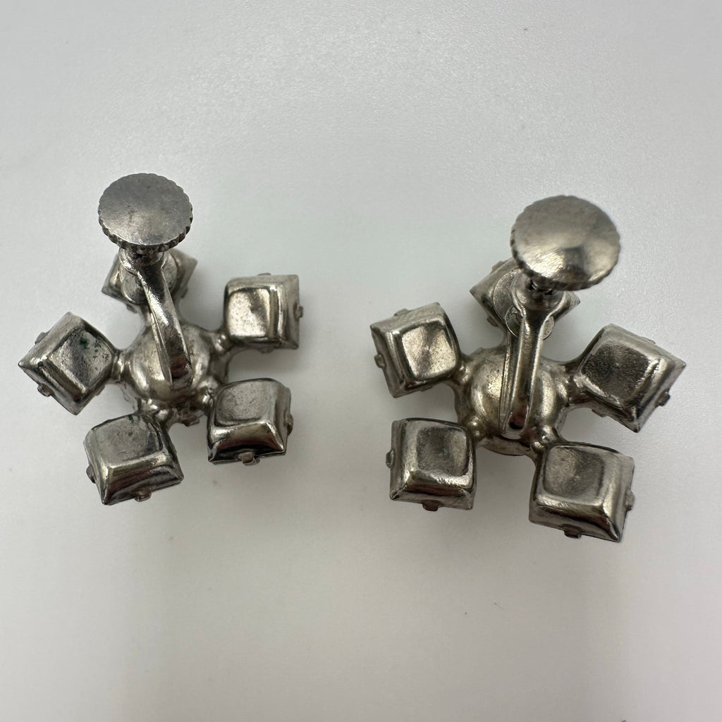 1940s vintage retro clear rhinestones starburst silver tone screw back earrings