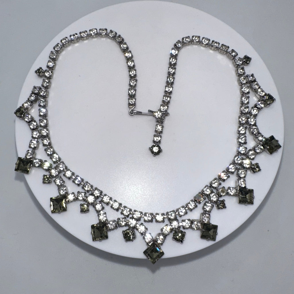 1940s 1950s vintage silver tone clear gray glass rhinestones swag necklace