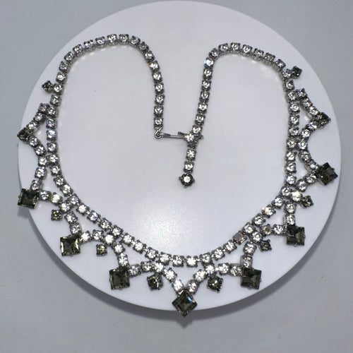 1940s 1950s vintage silver tone clear gray glass rhinestones swag necklace