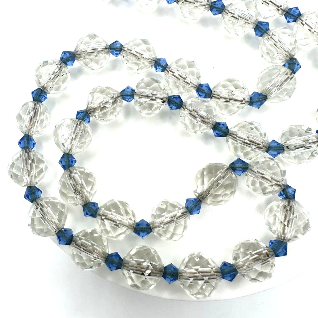 Antique Art Deco 1920s 1930s clear blue faceted Czech glass beads 22" necklace
