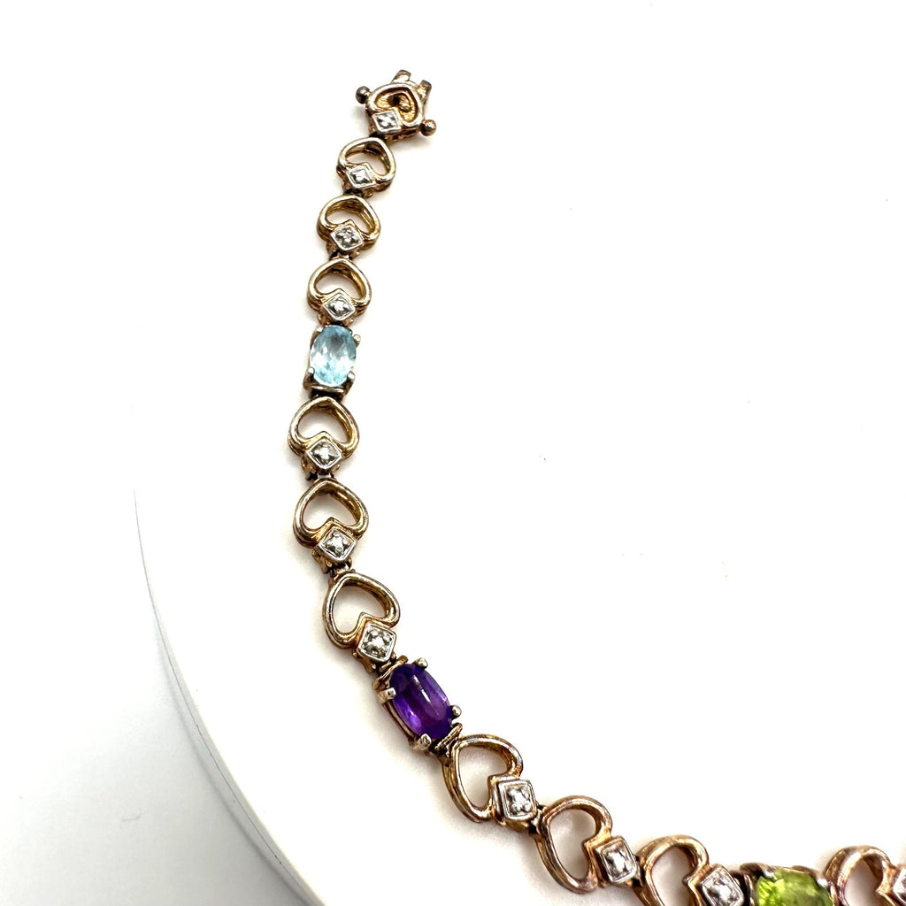 DL 925 sterling silver gold vermeil multicolor real gems heart chain bracelet