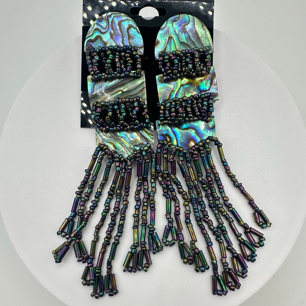 Vintage genuine abalone black luster glass beads beaded post dangle earrings