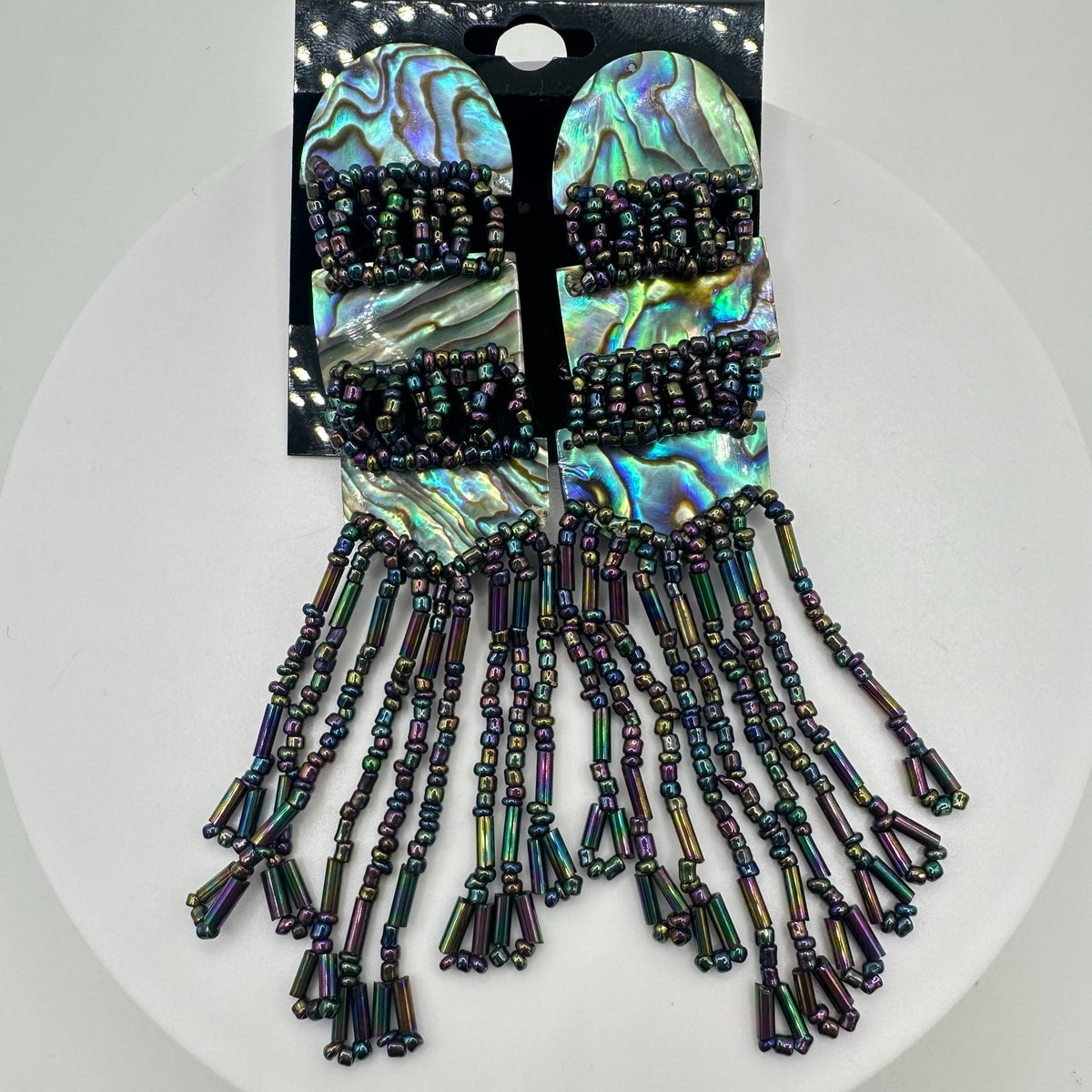 Vintage genuine abalone black luster glass beads beaded post dangle earrings