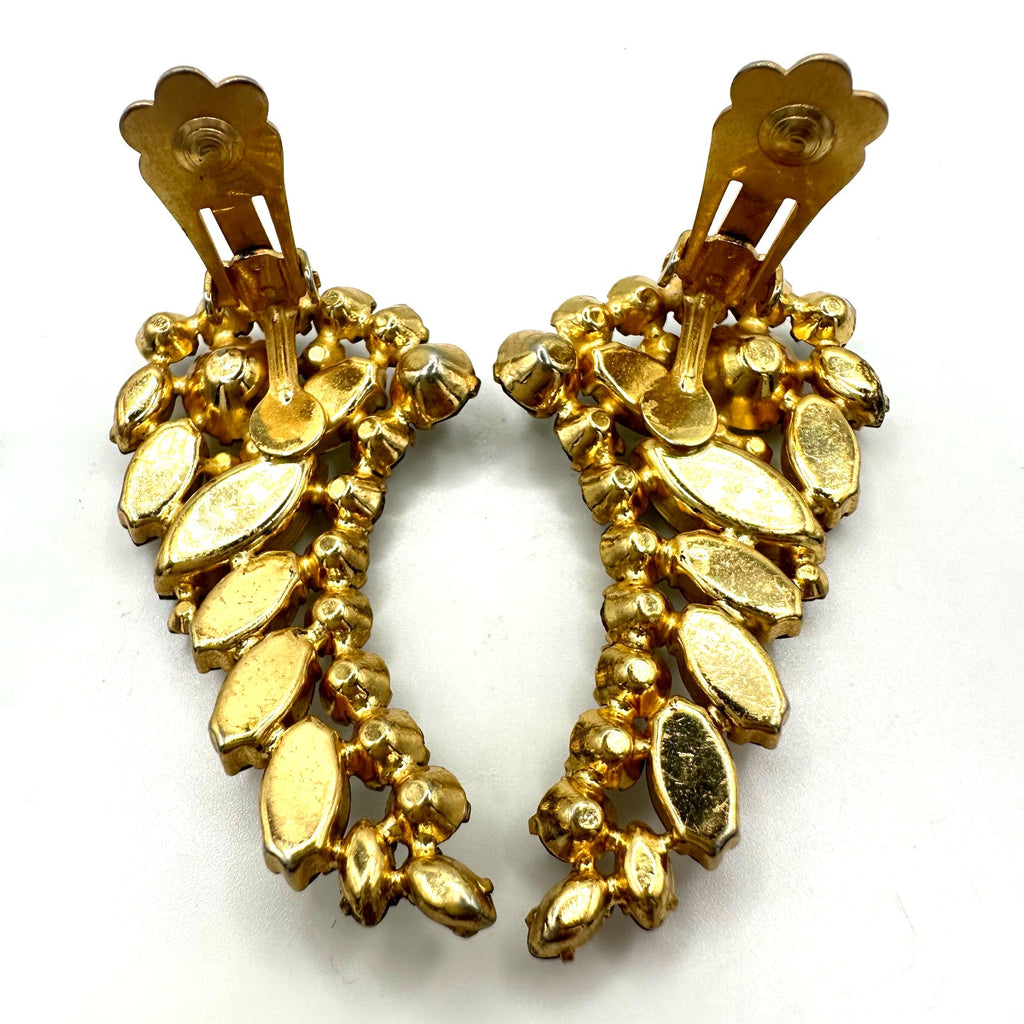 Vintage gold tone yellow smoky gray clear rhinestones crawler clip on earrings