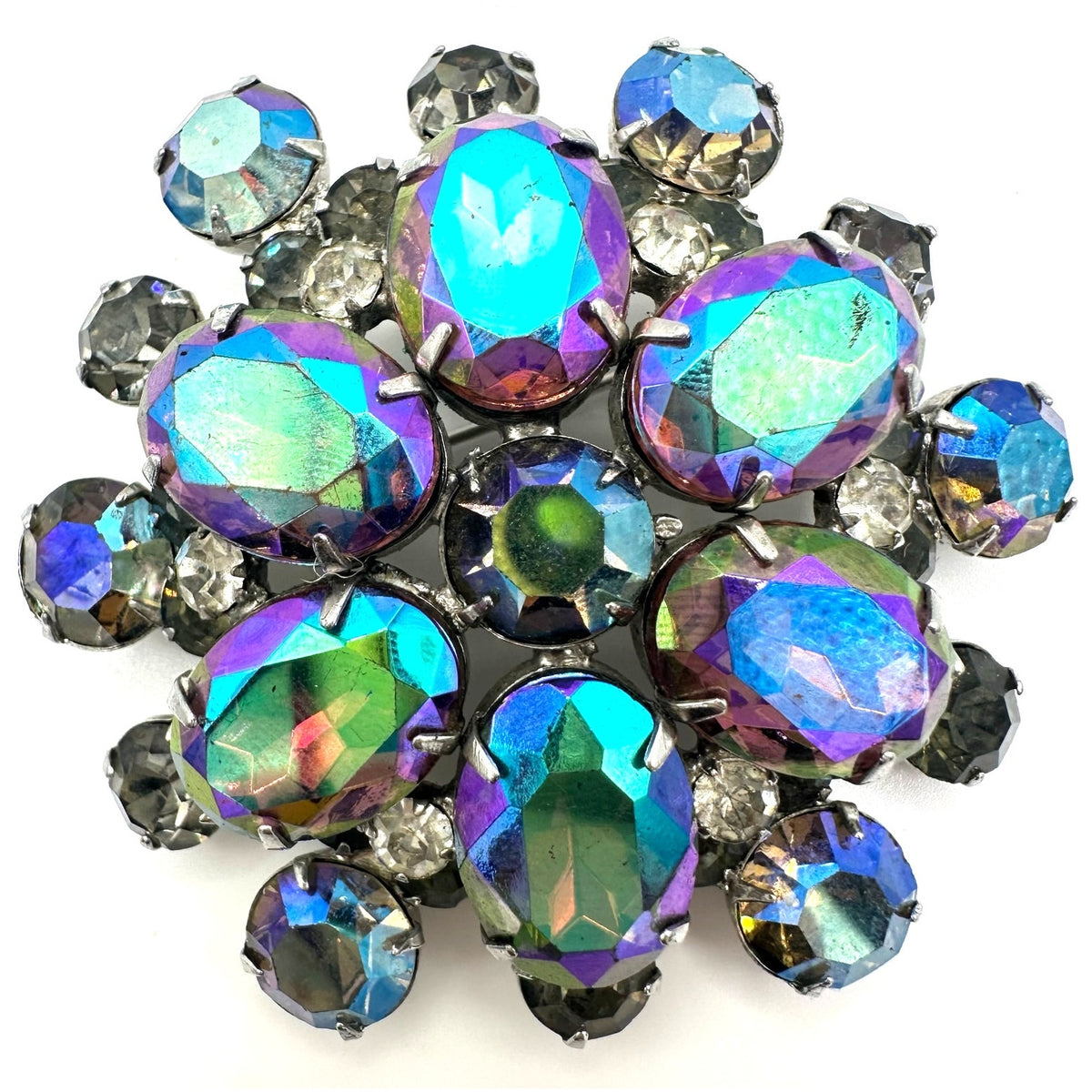 Juliana vintage silver tone aurora borealis AB gray rhinestones headlight brooch