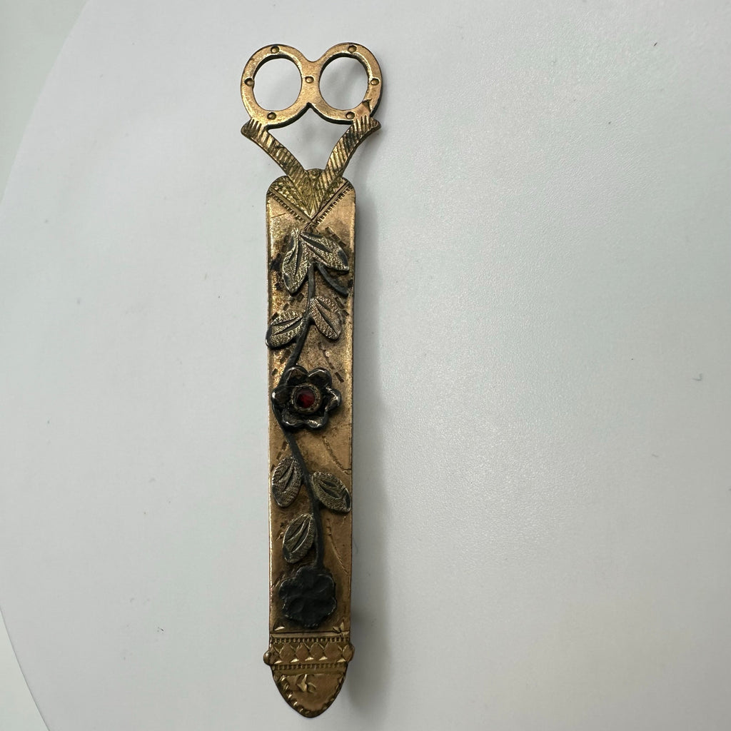 Antique Victorian 1800s gold filled red paste rhinestone scissors brooch pin