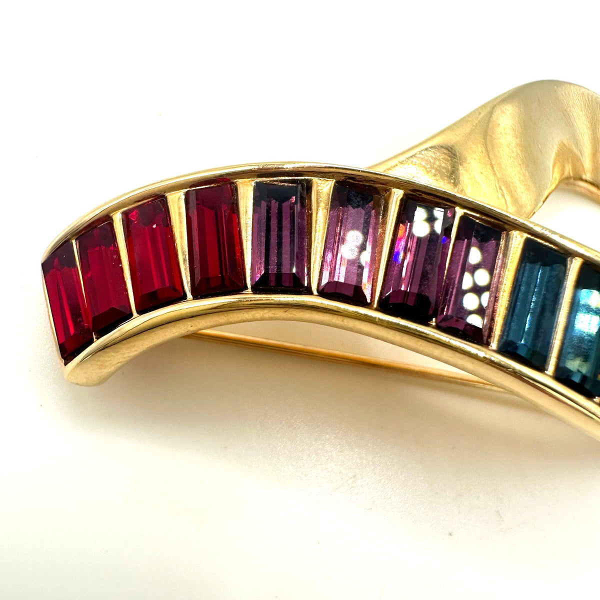 Swarovski Swan signed vintage gold tone rainbow baguettes rhinestones brooch