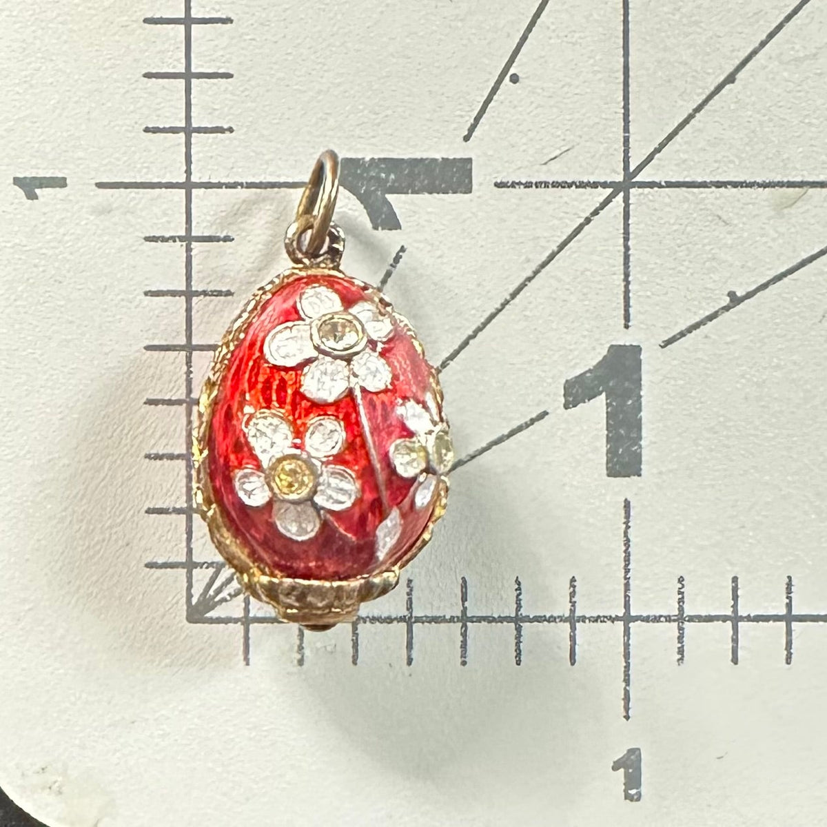 Vintage gilt sterling silver red floral garnet enamel rhinestones egg pendant