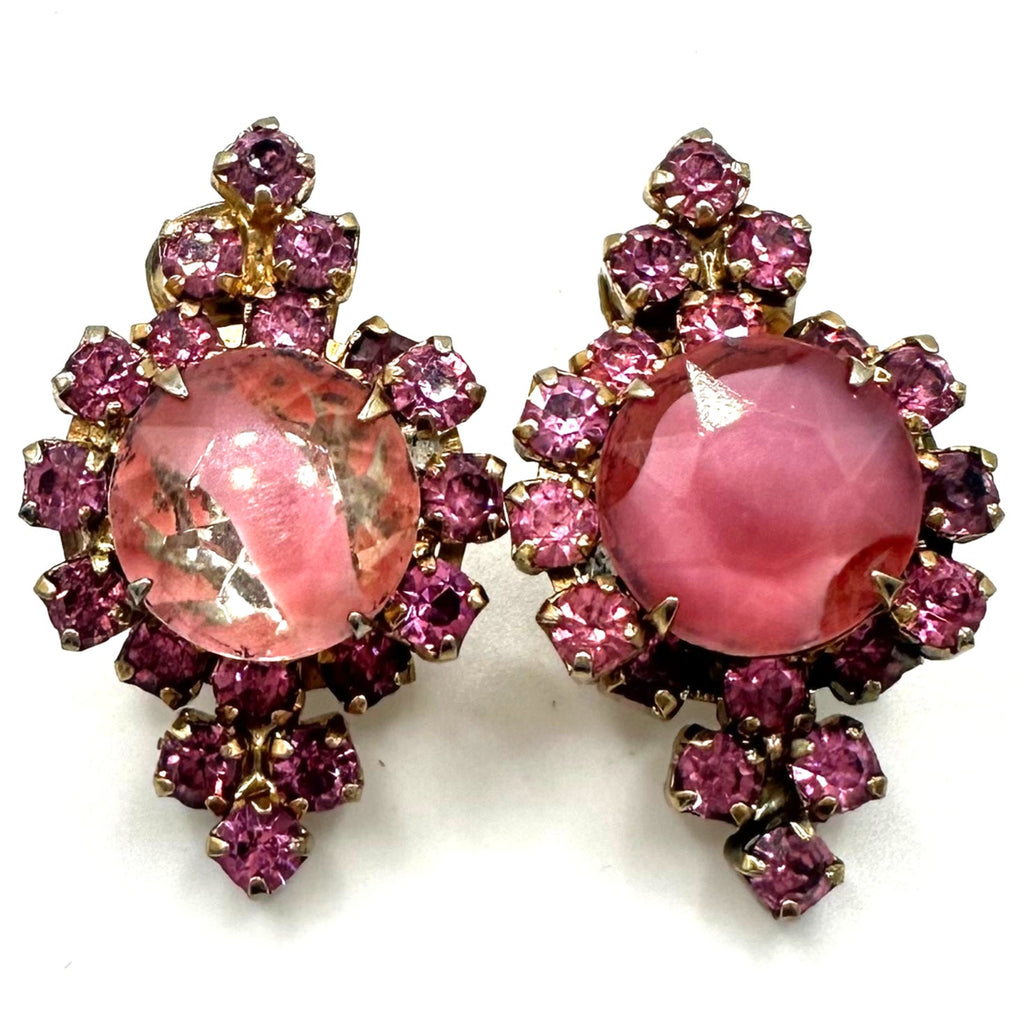 1950s vintage gold tone pink clear givré art glass rhinestones clip on earrings