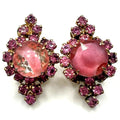 1950s vintage gold tone pink clear givré art glass rhinestones clip on earrings