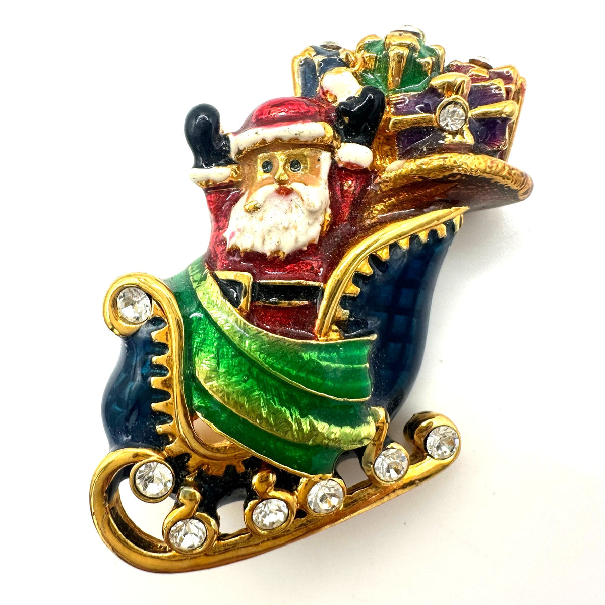 Christopher Radko vintage gold tone enamel Christmas Santa Claus sleigh brooch