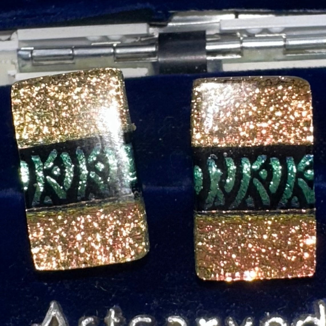 Vintage sterling silver gold glitter black dichroic glass clip on earrings