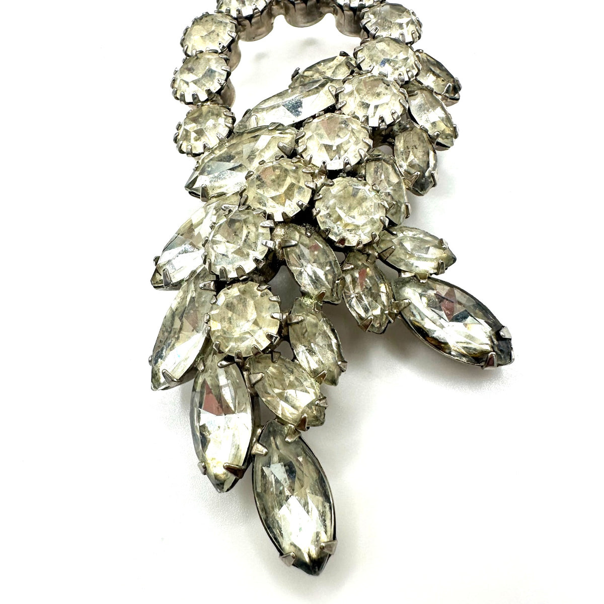1950s vintage silver tone clear glass navettes rounds rhinestones brooch