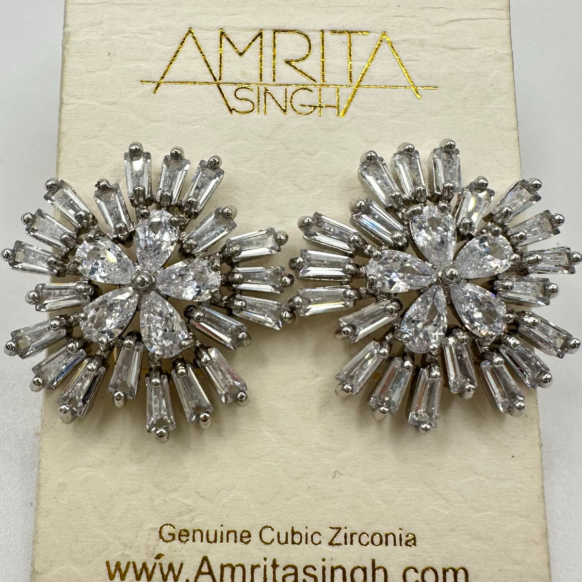 Amrita Singh silver tone clear cubic zirconia CZ starburst posts earrings