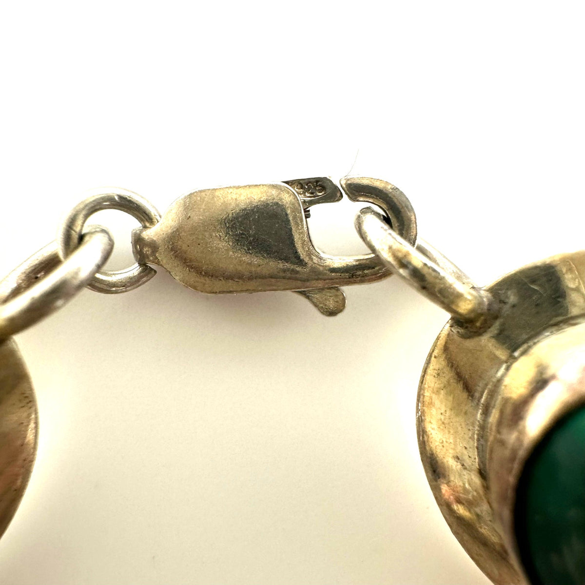 Vintage 925 sterling silver 6 genuine green malachite cabochons bracelet 8"