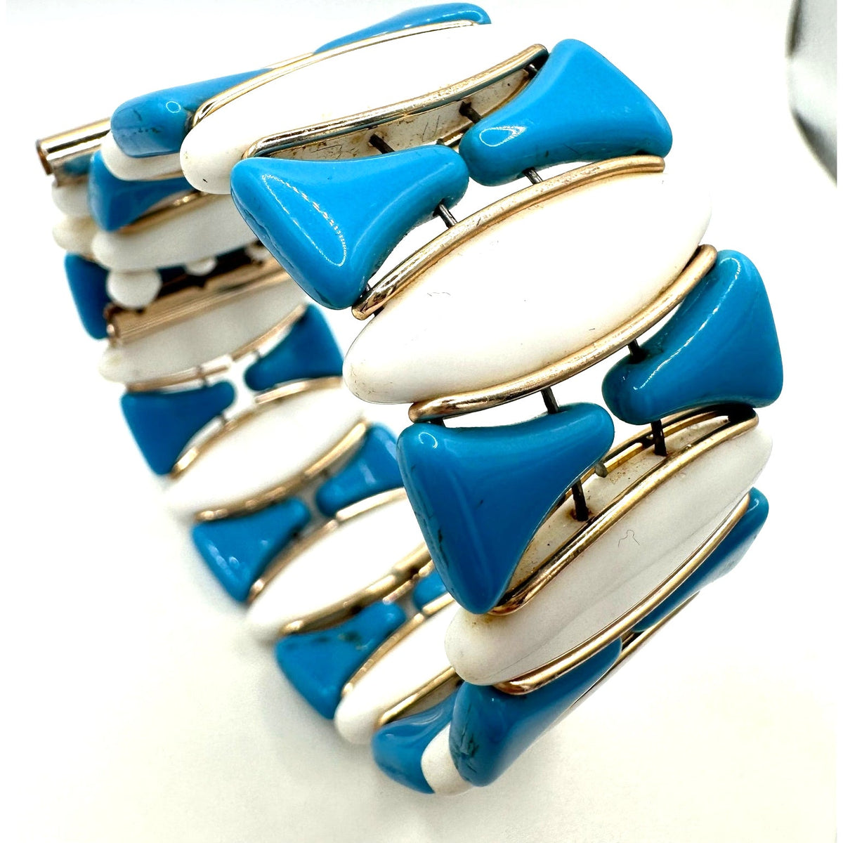 Western Germany vintage blue white milk glass gold tone beaded wrap bracelet