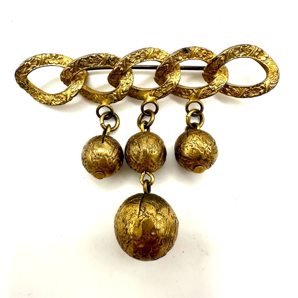 Antique Art Deco gold tone brass dangling ball charms chain bar pin brooch