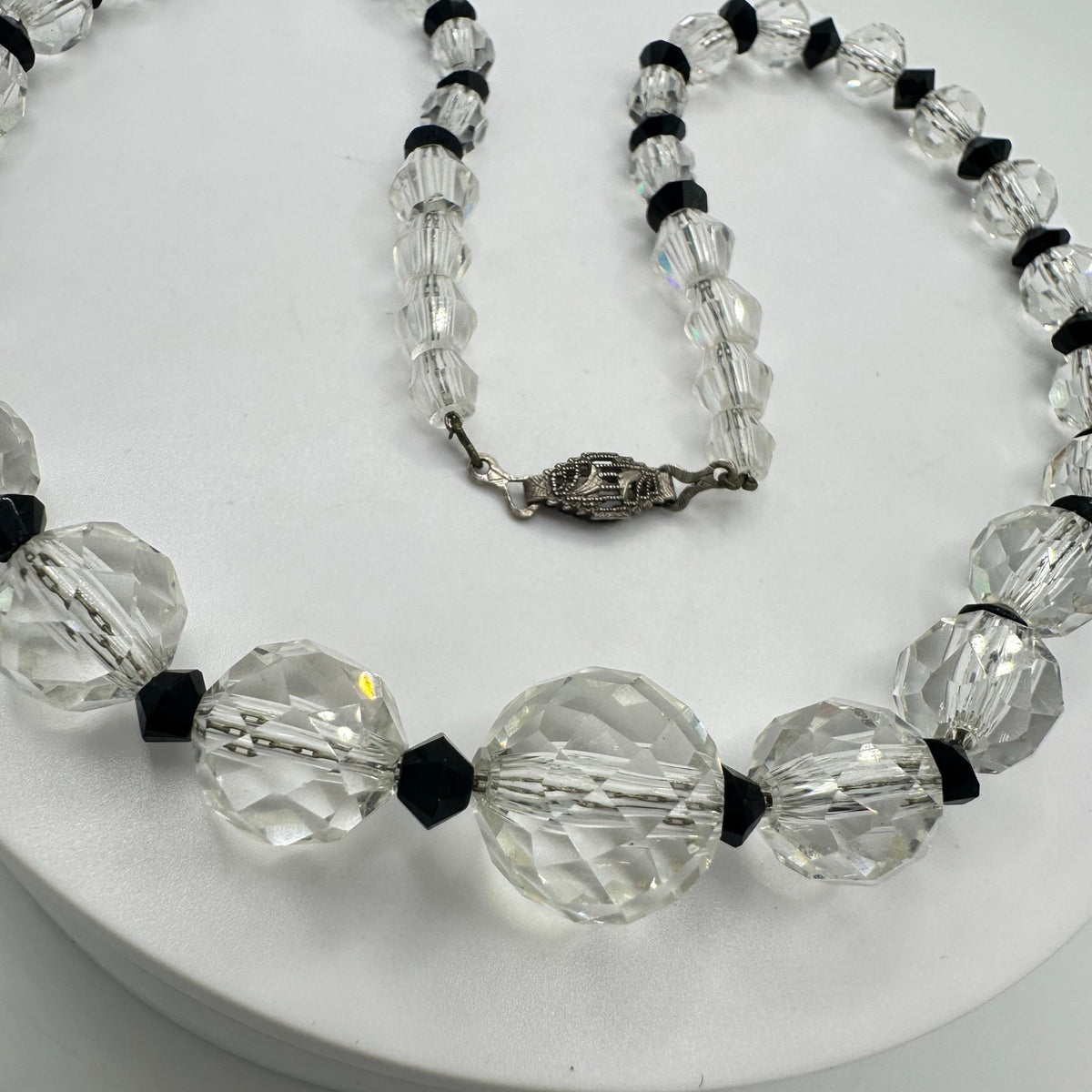 Antique Art Deco 1930s clear black Czech glass beads beaded graduated necklace
