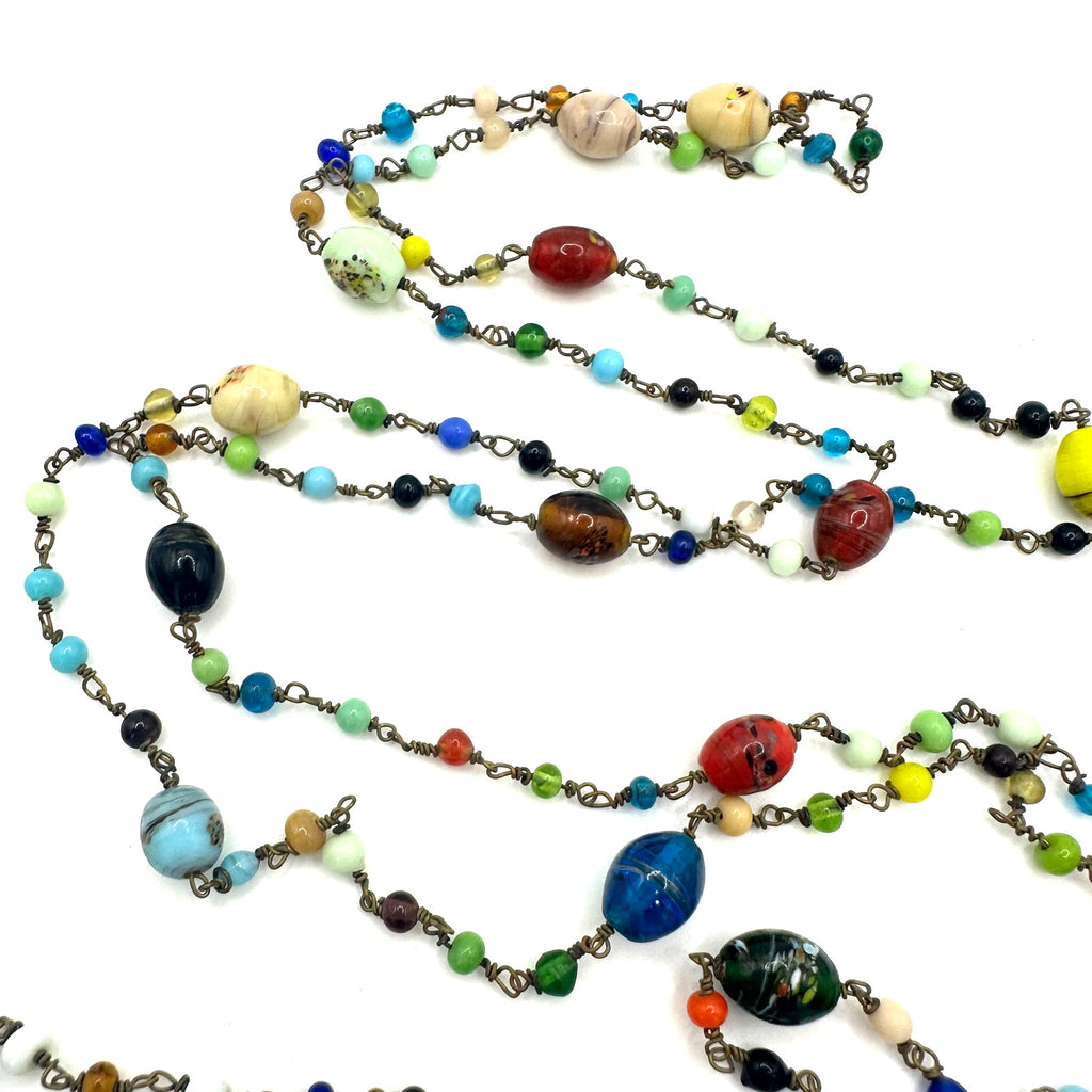 Antique Art Deco Czech art glass multicolor beads beaded brass 52" necklace