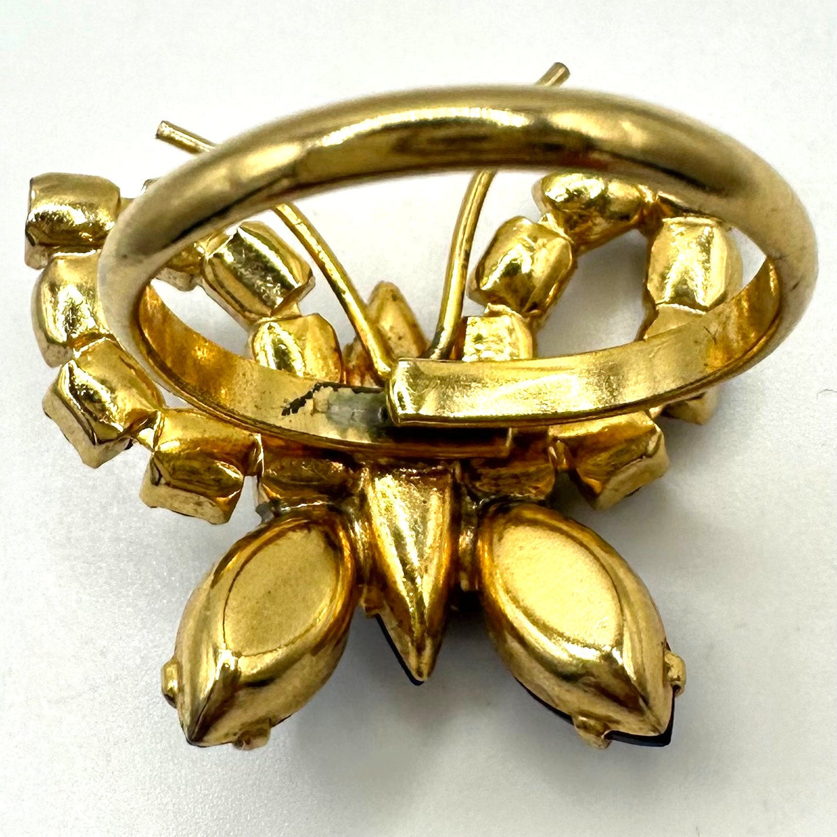 Vintage 1950s gold tone blue rhinestones butterfly adjustable cocktail ring