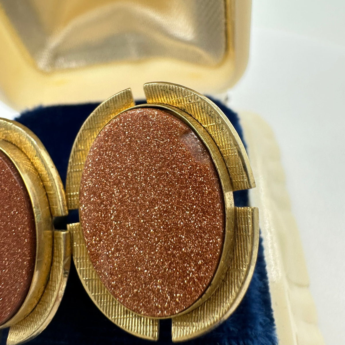 Anson vintage gold plated oval brown glittering goldstone sunstone cufflinks
