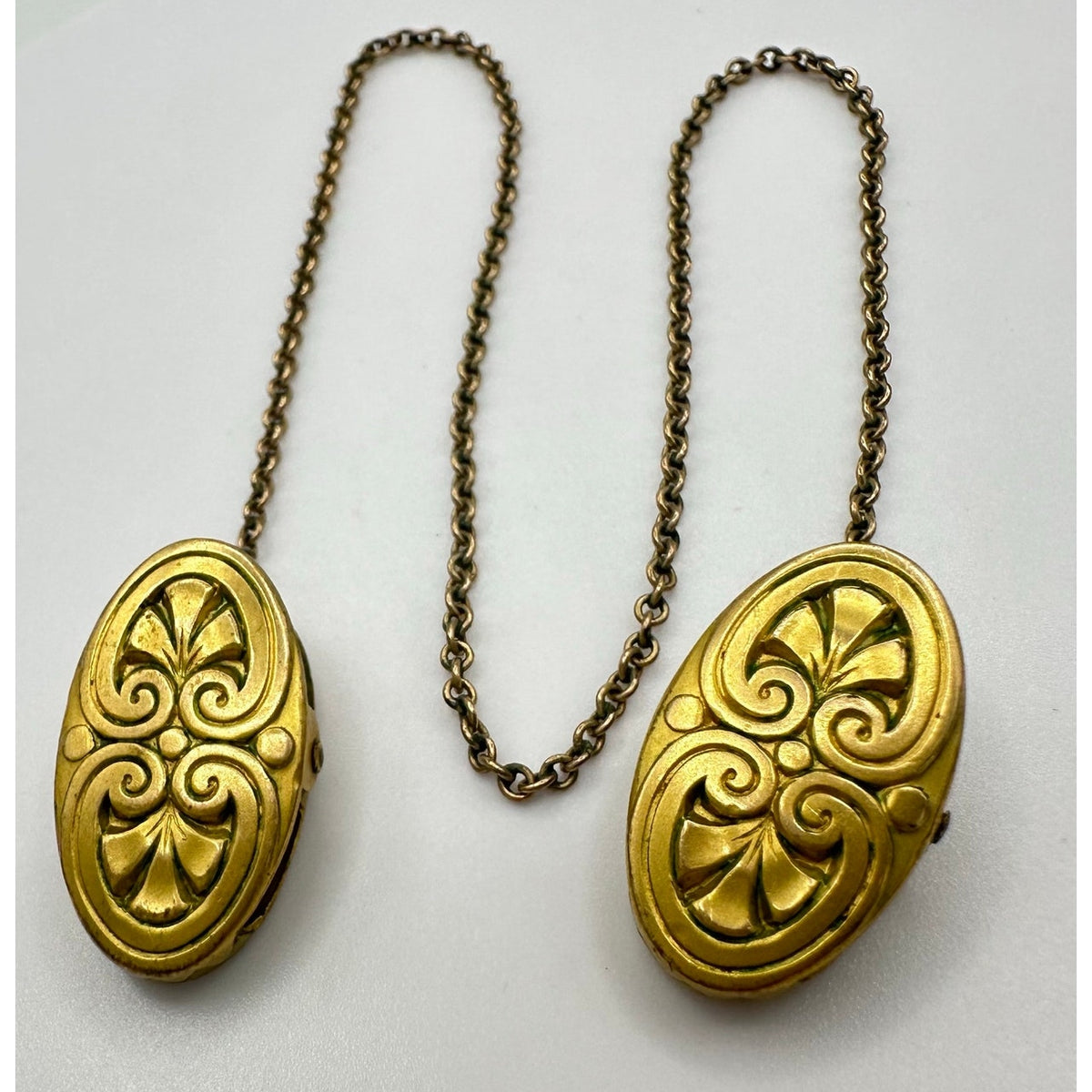 Ballou antique Victorian gold gilt 10” vest cloak chain with clips watch holder