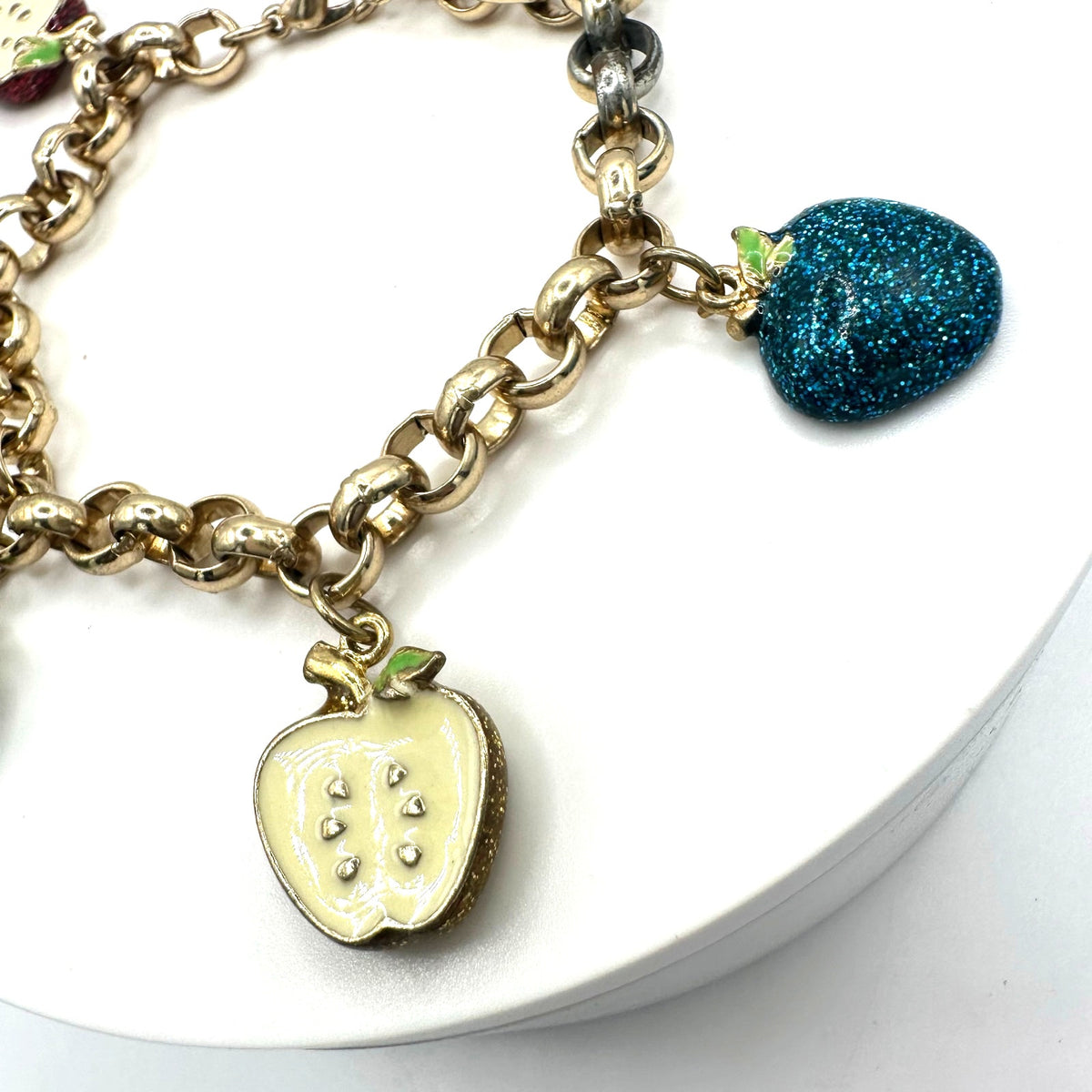 Claire's vintage gold tone multicolor enamel apple charms chain link bracelet