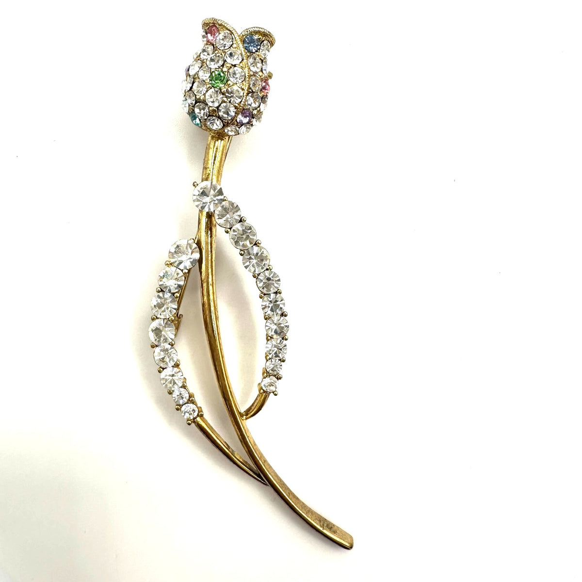 Gold tone clear multicolor glass rhinestones rose flower floral brooch