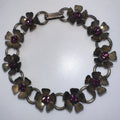 Vintage retro 1940s gold tone brass flowers purple rhinestones flex bracelet