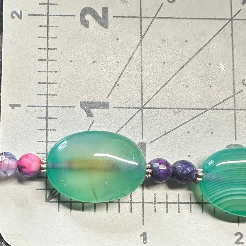All semiprecious green pink purple dyed banded agate beads beaded necklace