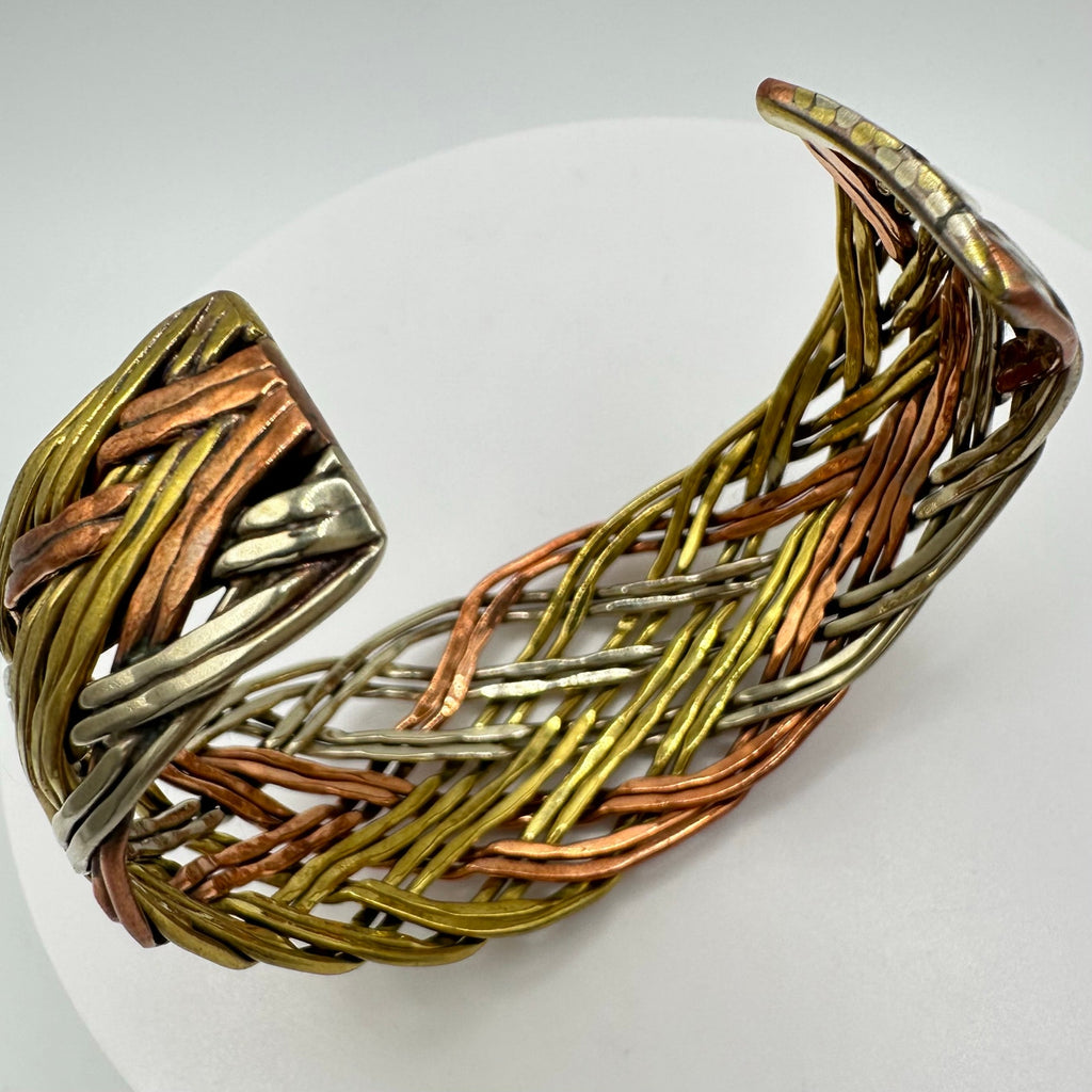 Tibetan vintage tri tone copper bronze silver nickel braided rope cuff bracelet