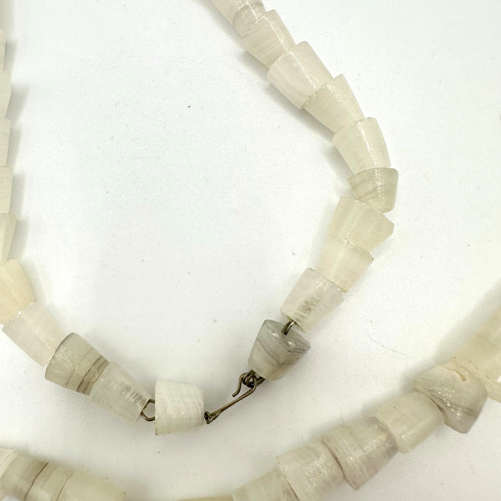 Vintage carved Mexican onyx white agate large face pendant beaded 28” necklace