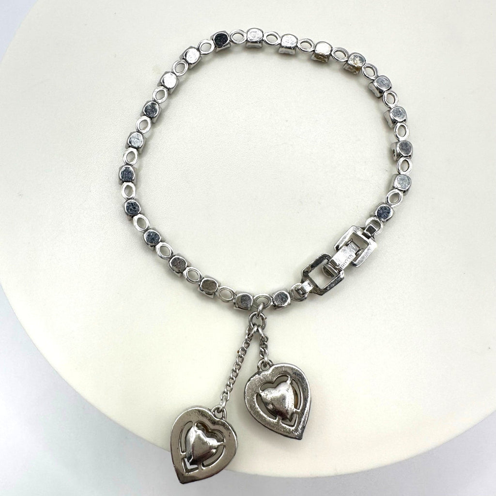 Crown Trifari silver tone rhinestones dangling hearts tennis 6.5" bracelet