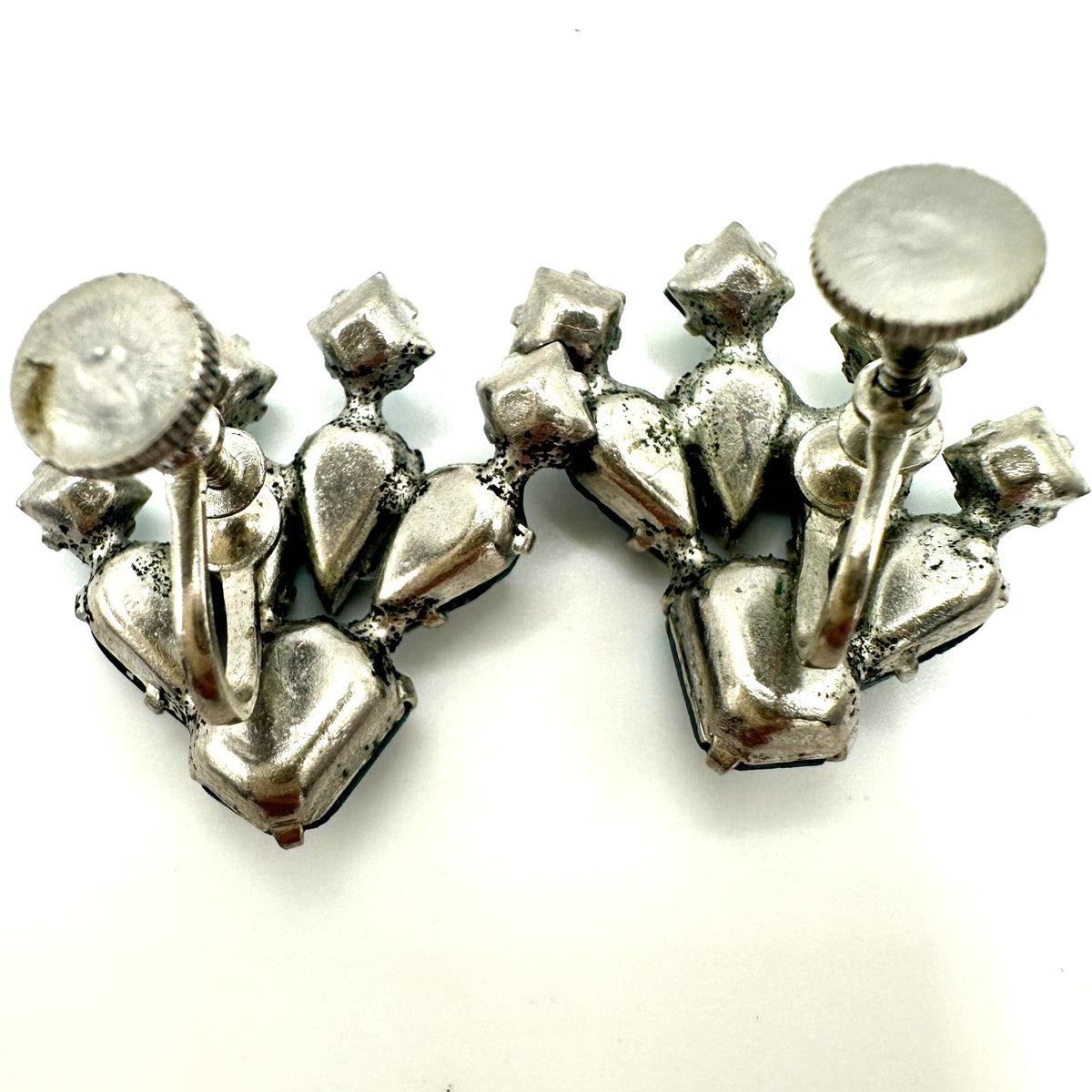 1940s vintage aqua blue Czech glass rhinestones silver tone screw back earrings